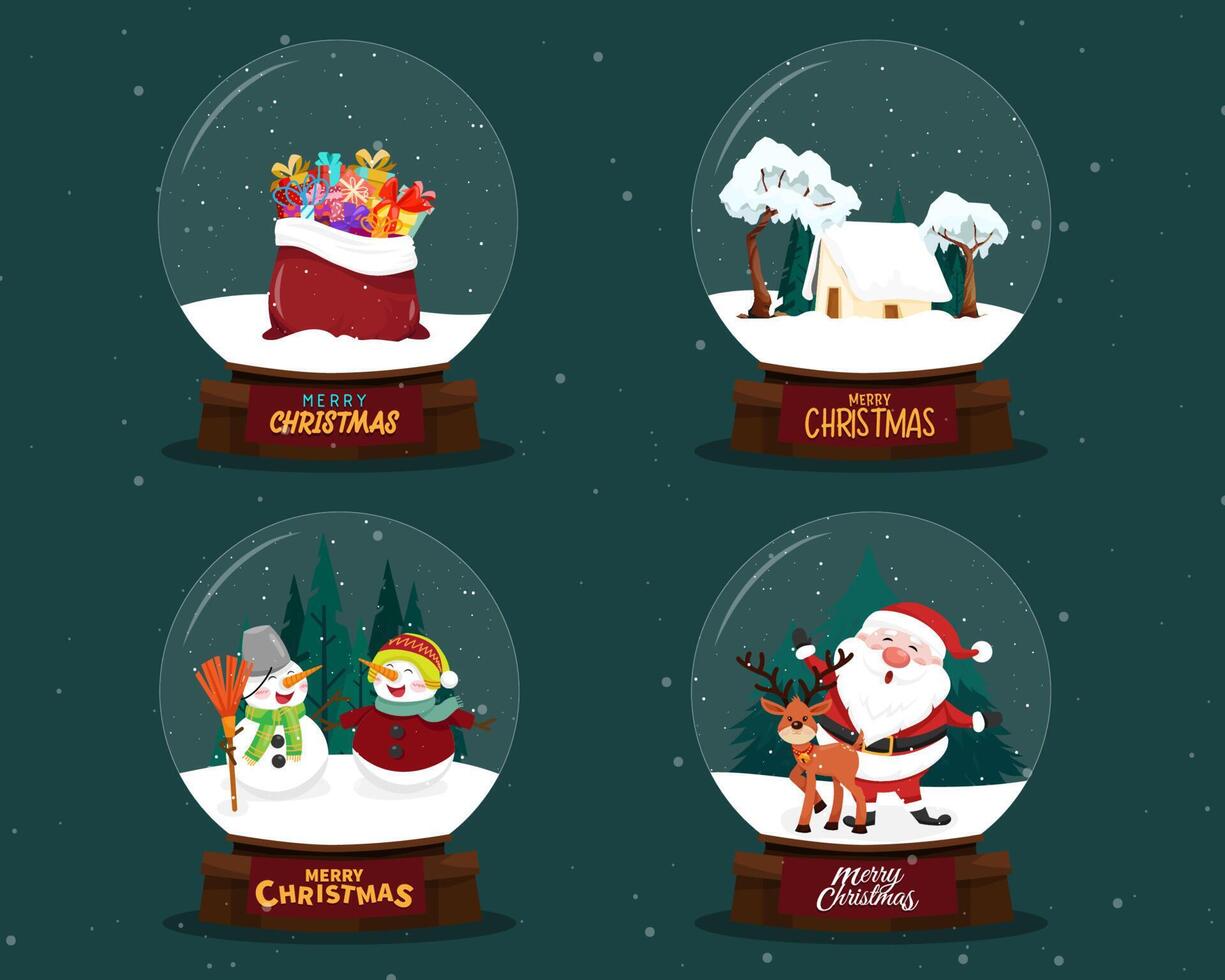 conjunto de globo de cristal con cabaña y nieve feliz navidad vector