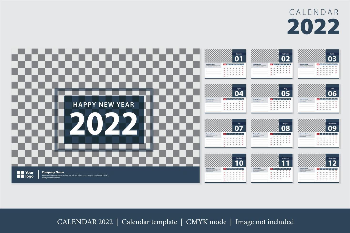 Calendar 2022 design, The year of the Tiger monthly cards templates, Set of 12 month vector