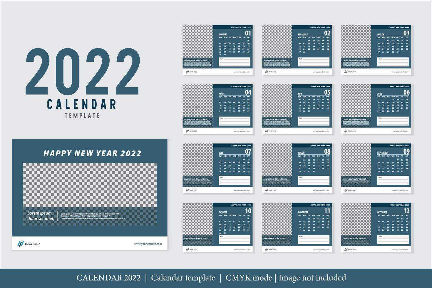 Calendar 2022 design, The year of the Tiger monthly cards templates, Set of 12 month vector