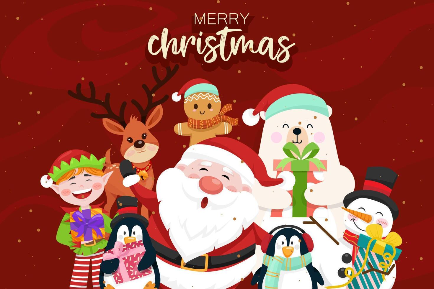 escenas navideñas santa claus, pingüino, duende, oso, reno, muñeco de nieve, muñeco de pan de jengibre. vector