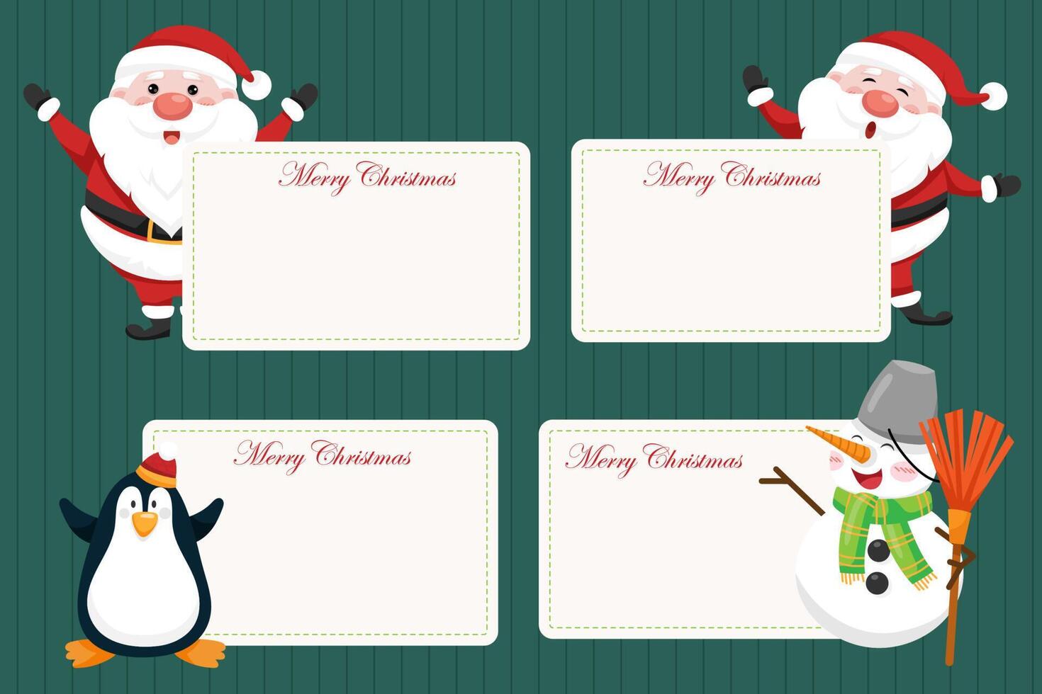 banner de fondo de navidad y año nuevo. santa claus, pingüino, muñeco de nieve con pancarta en blanco. vector