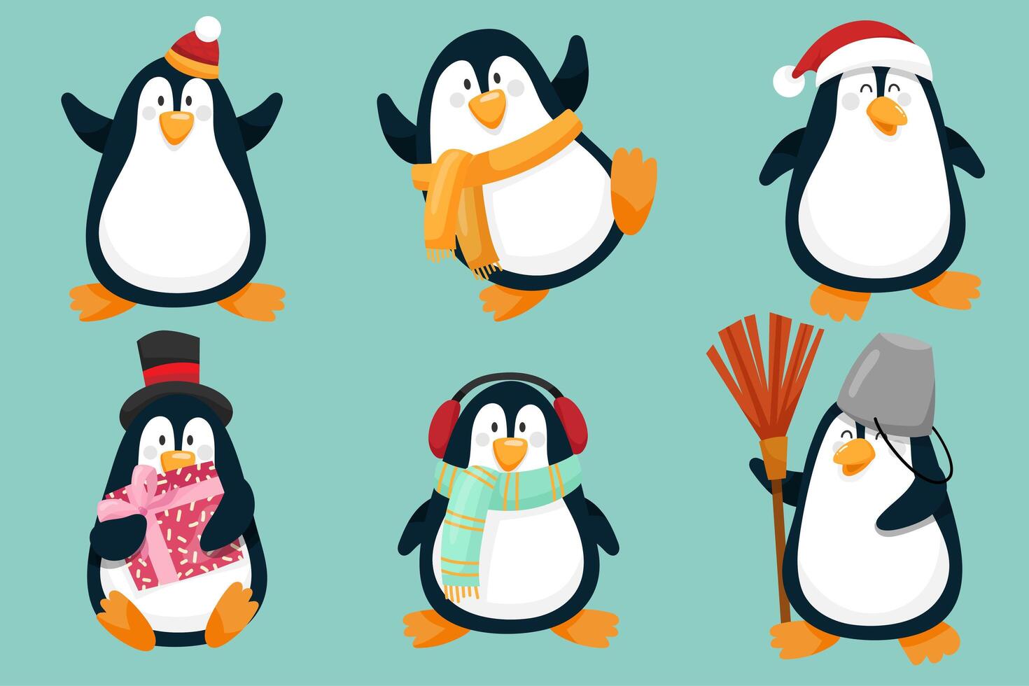personajes de pingüinos en varias poses y escenas. elemento recortado de feliz navidad vector