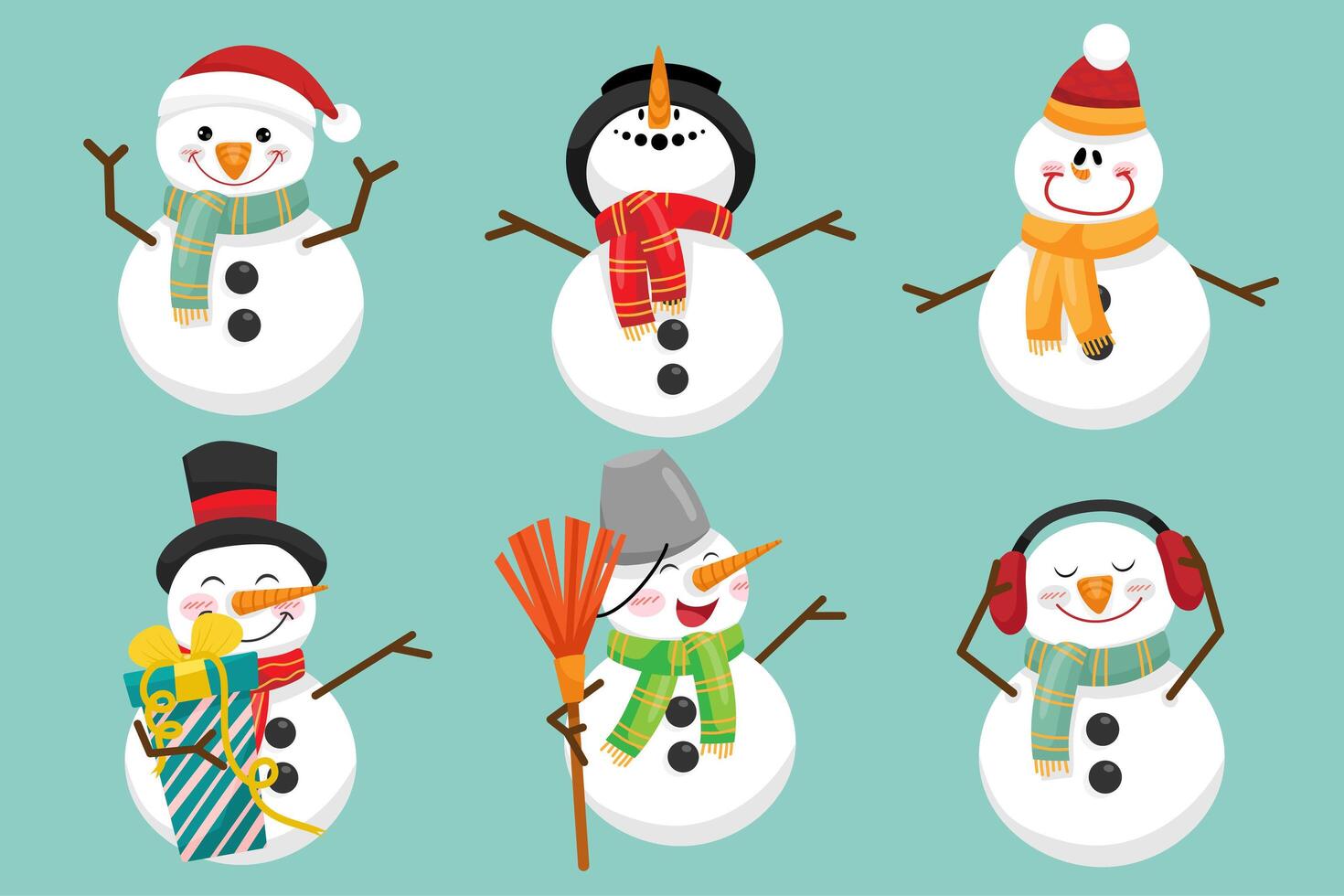 Snowman characters in various poses and scenes. Merry Christmas cutout element vector