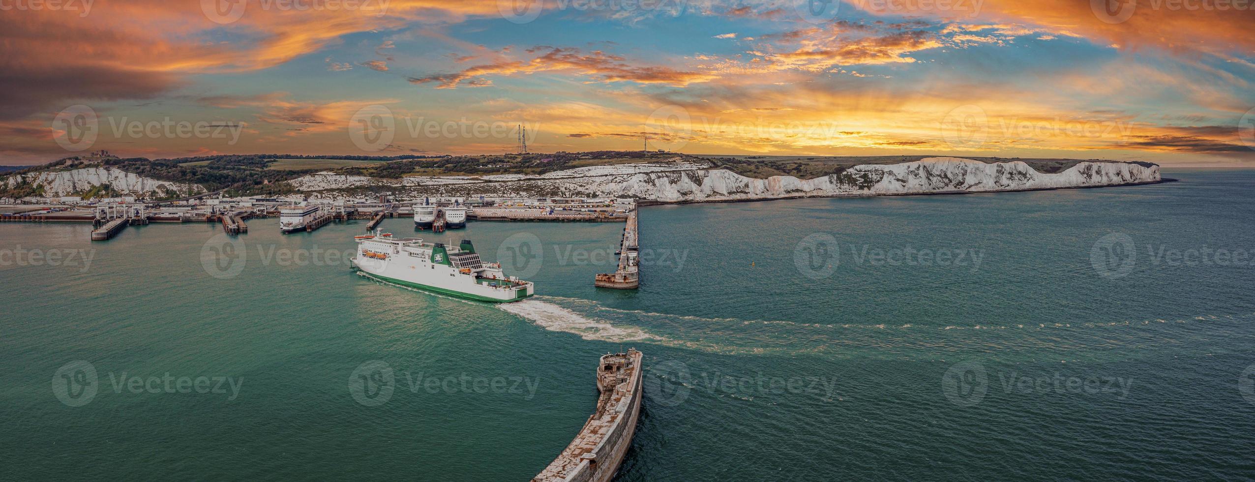 Aerial view of the Dover harbor with many ferries photo