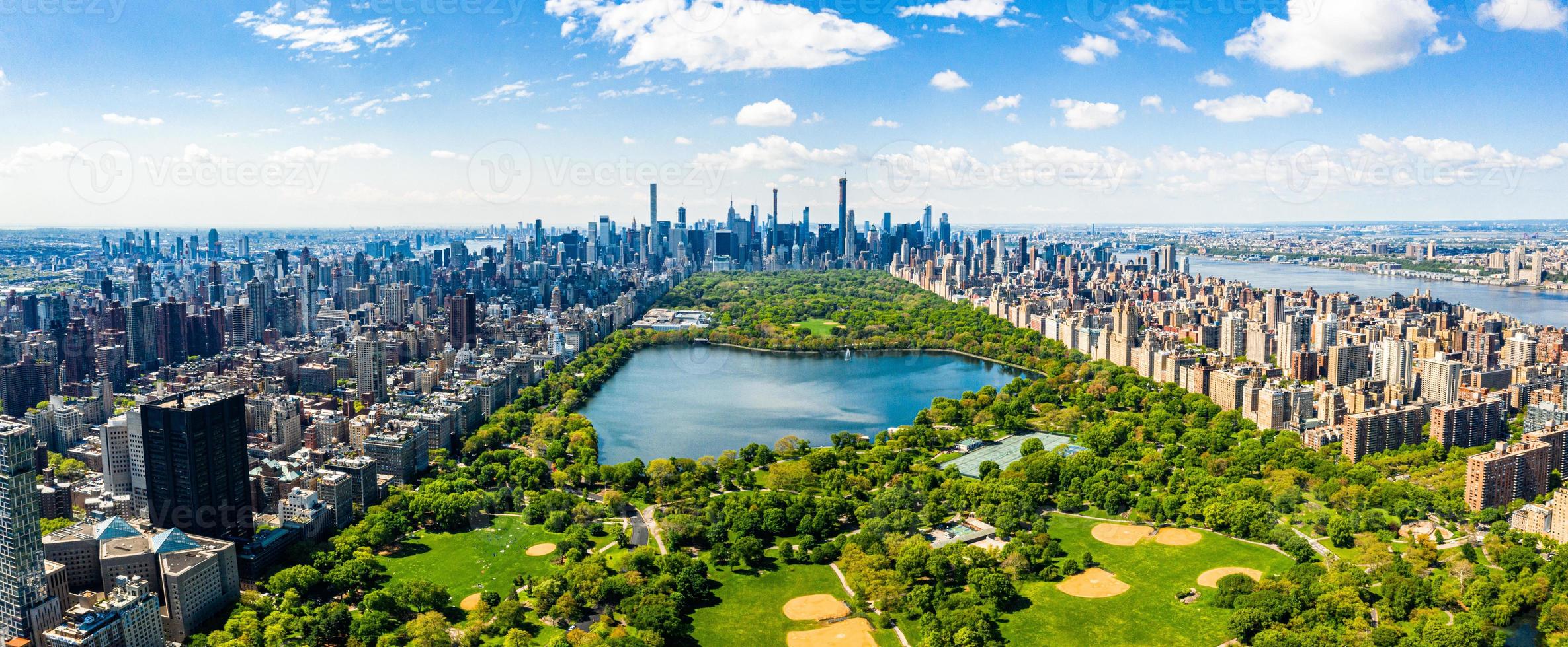 Central Park aerial view in Manhattan, New York. huge beautiful park is surrounded by skyscraper photo