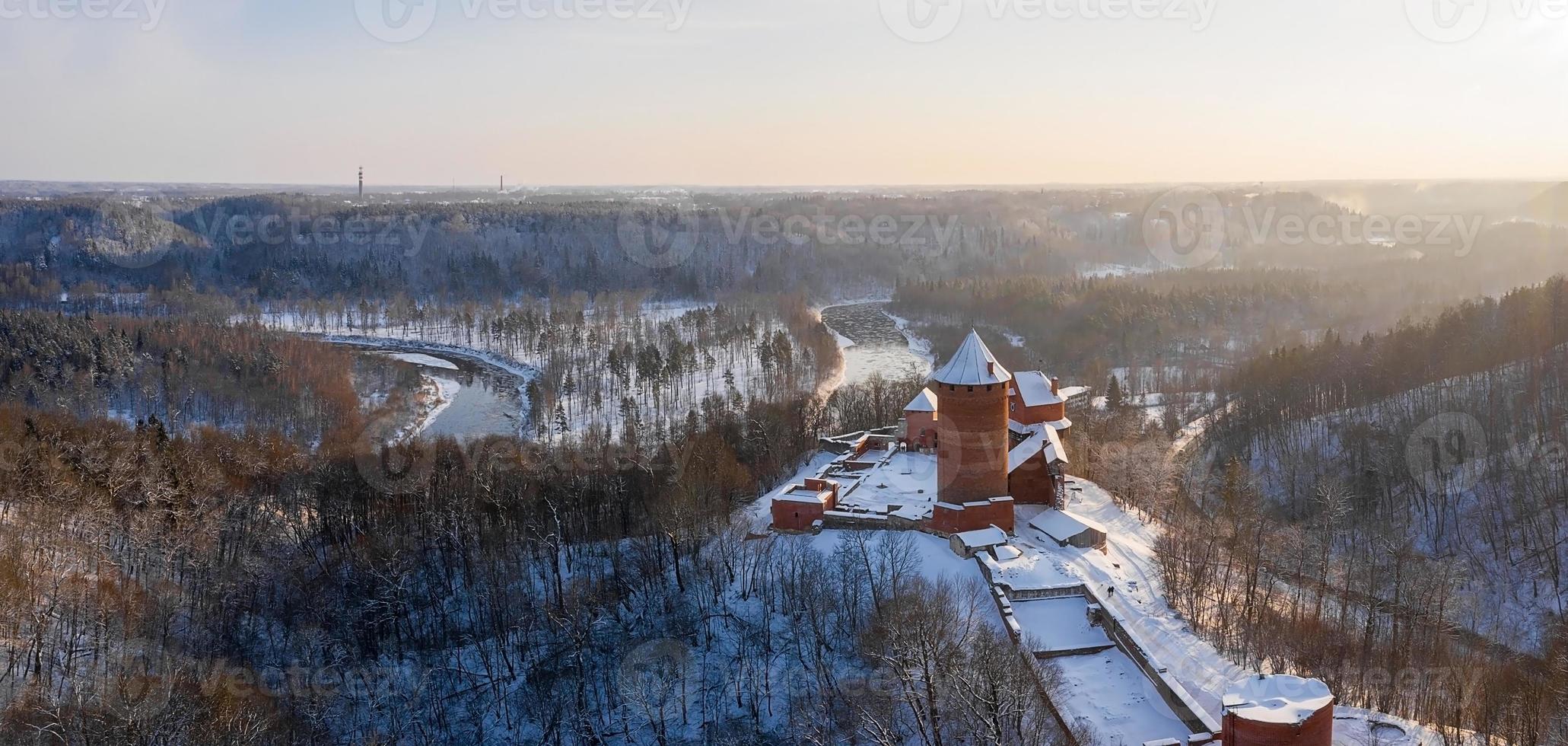 Classic close-up view of famous castle in scenic morning light at sunrise on a beautiful cold sunny day in winter. photo