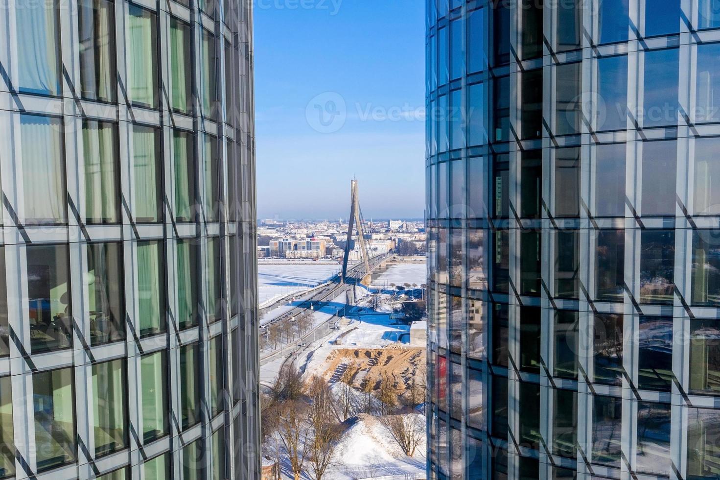 Riga, Latvia. February 10, 2020. Aerial view of the Z Towers in Riga, Latvia during cold sunny winter day. photo