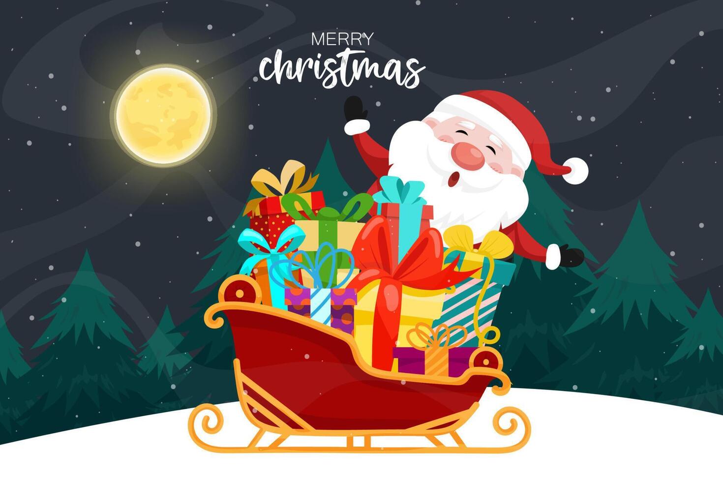 Santa Claus sled over snow at the Christmas night with full moon and snowy. vector