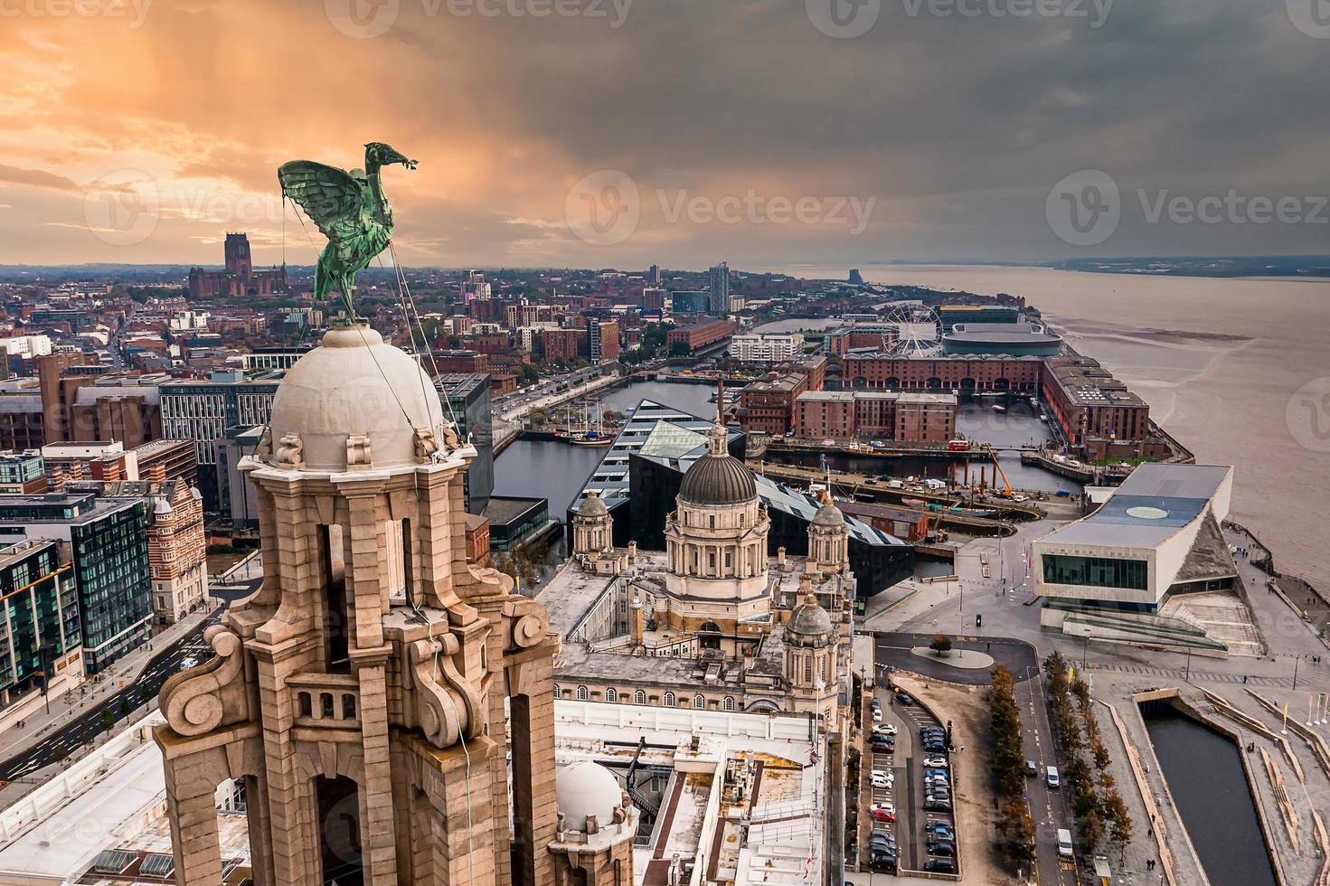 Aerial view of the Liver birds statue taken in the sunrise photo