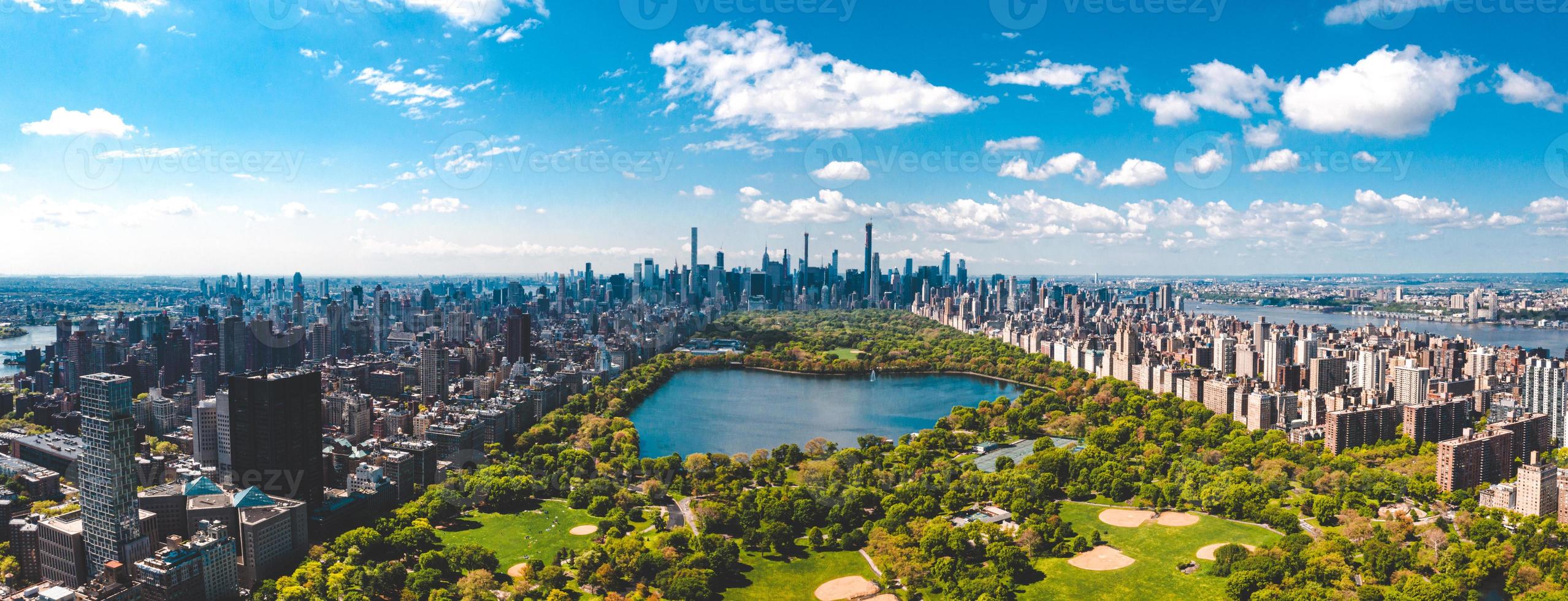 Central Park aerial view in Manhattan, New York. huge beautiful park is surrounded by skyscraper photo