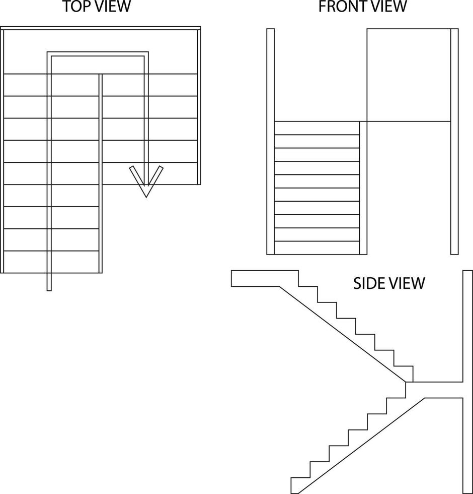 ilustración gráfica vectorial de escaleras, vista superior de escaleras, vista lateral y vista frontal de escaleras buenas para el diseño de su hogar vector