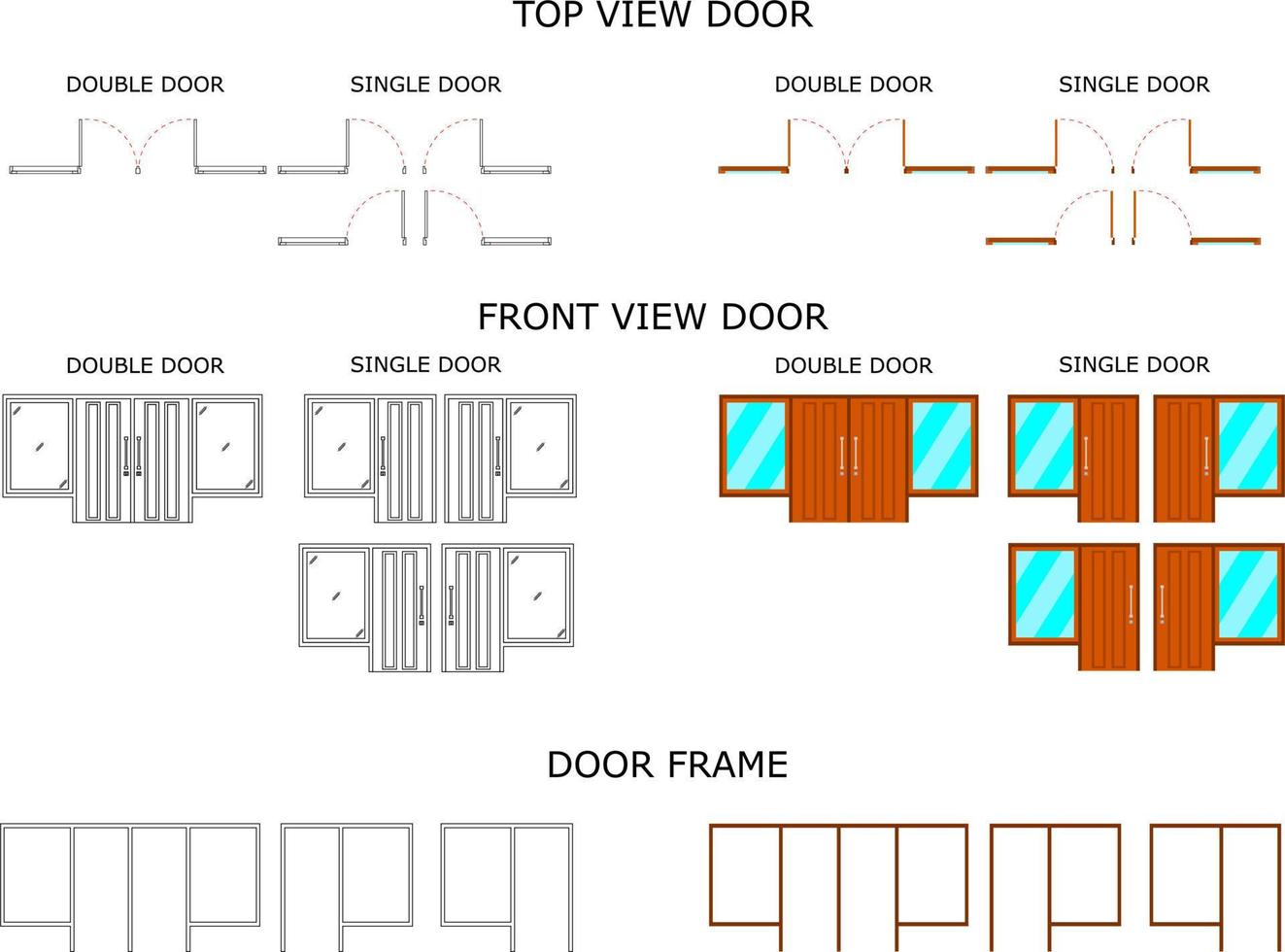 Top View Door, Front View Door and Door Frame outline vector