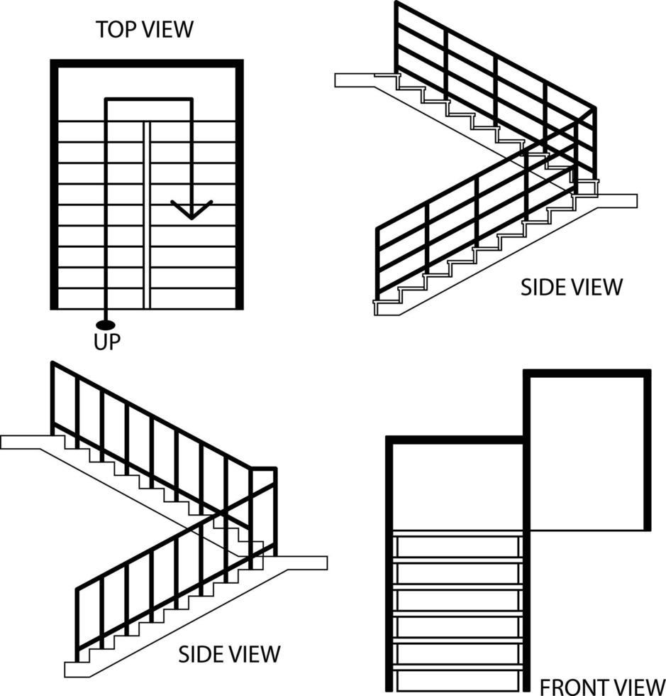 Illustration vector graphic of stairs, top view of stairs, side view, and front view of stairs good for your home design