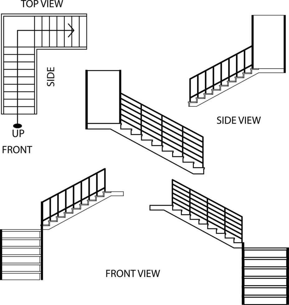 Illustration vector graphic of stairs, top view of stairs, side view, and front view of stairs suitable for your home design