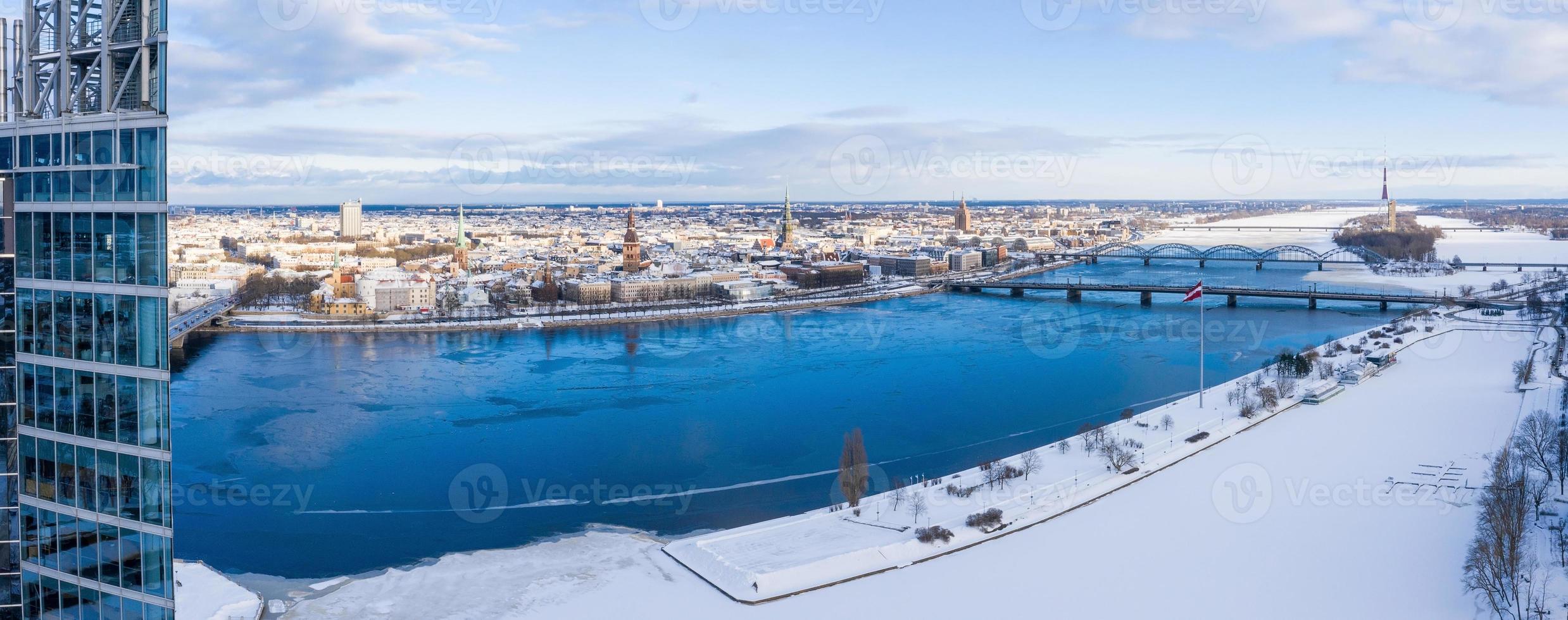 Aerial view of the Swedbank Latvia main building in Riga city during wintertime. Swedbank is a Nordic-Baltic banking group with headquaerters based in Stockholm, Sweden. photo