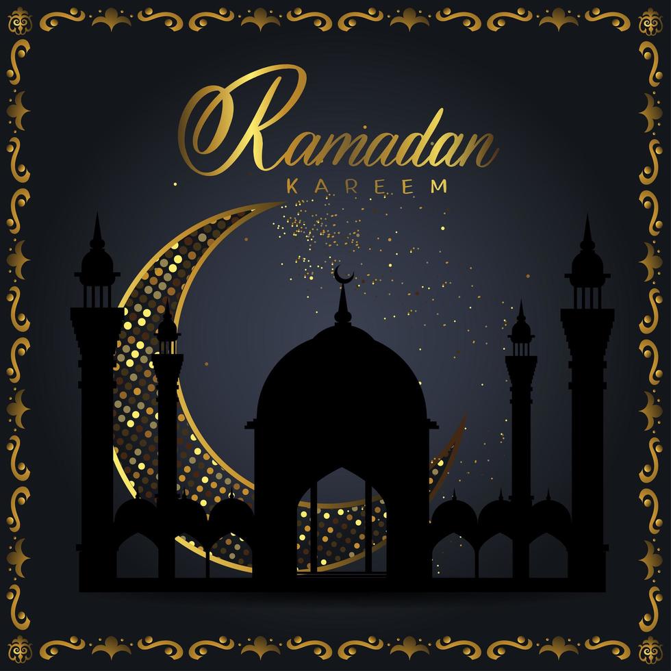 Ramadan Kareem islamic design crescent moon and mosque dome silhouette with arabic pattern and calligraphy. vector