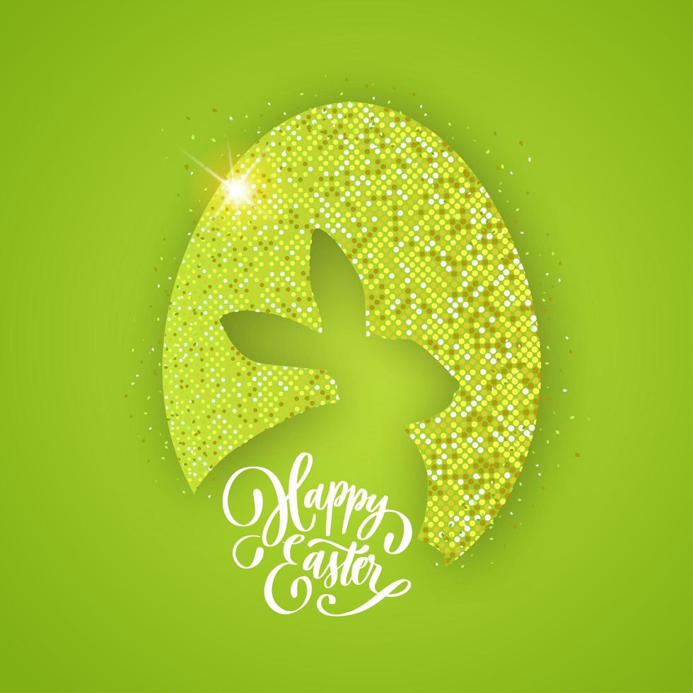 Easter green background with realistic egg, confetti, bunny silhouette and lettering. vector