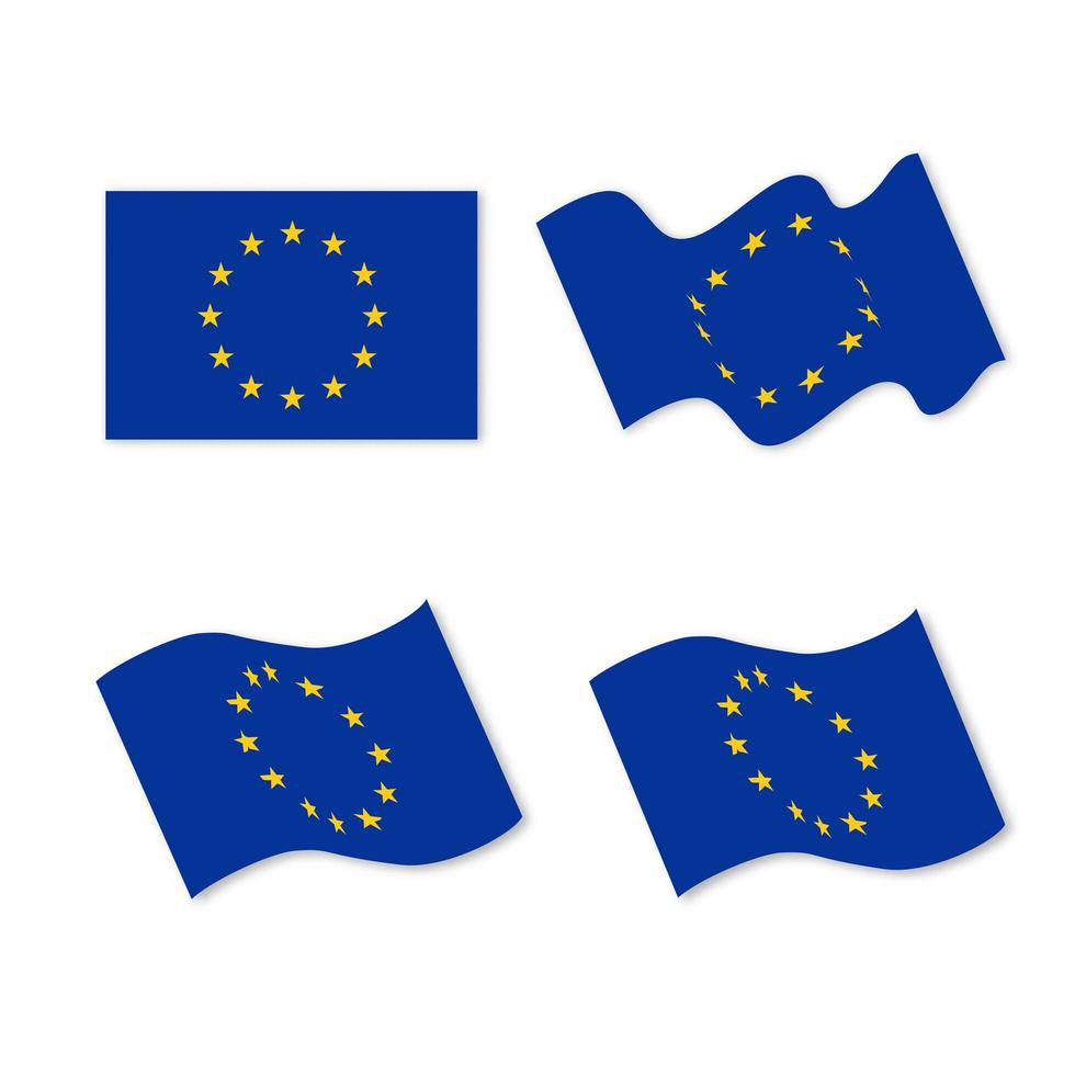 Set of four wavy European union flag flags. vector