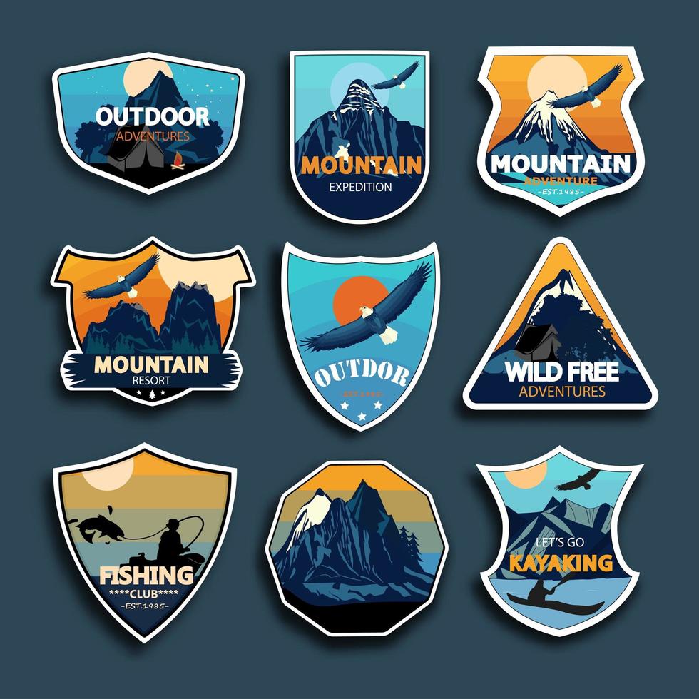 Set of nine mountain travel emblems. Camping outdoor adventure emblems, badges and logo patches. vector