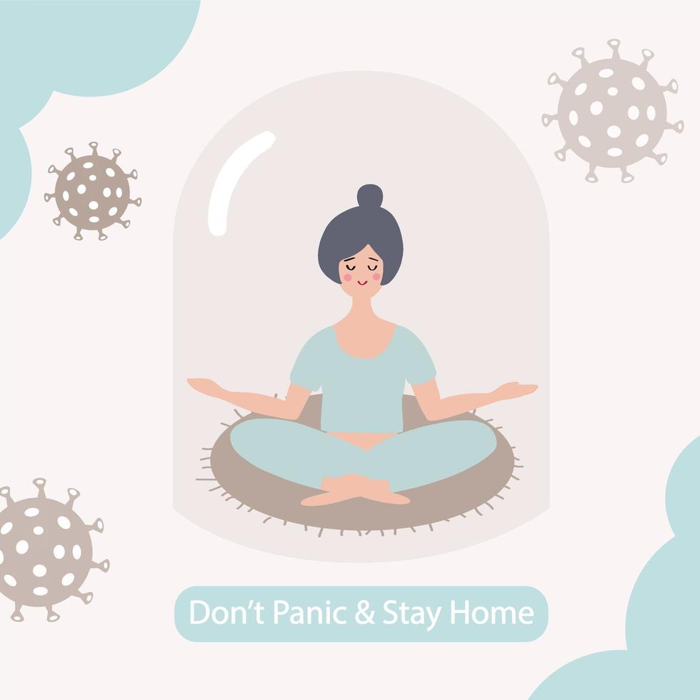 Coronavirus outbreak vector concept. A girl sits in a meditation pose under a glass cap. Covid 19 virus in air. Dont panic  stay home.