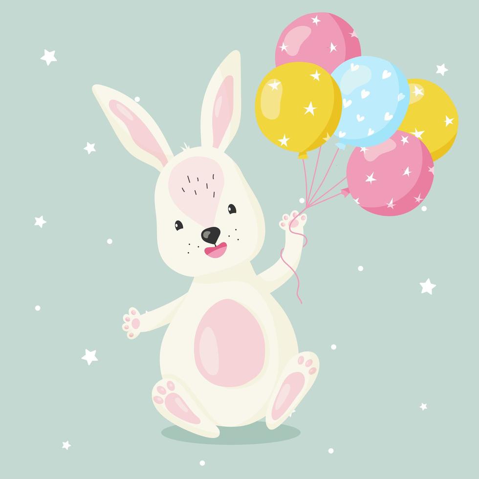 conejito de dibujos animados blanco con globos, para el diseño de camisetas para niños o bebés, estampado de moda, gráfico, ropa para niños. vector