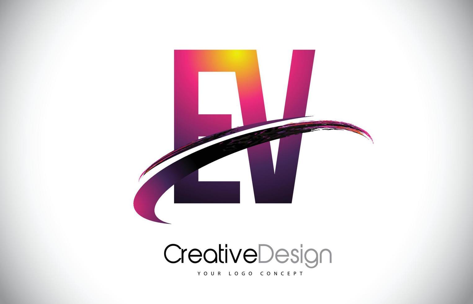 EV E V Purple Letter Logo with Swoosh Design. Creative Magenta Modern Letters Vector Logo.