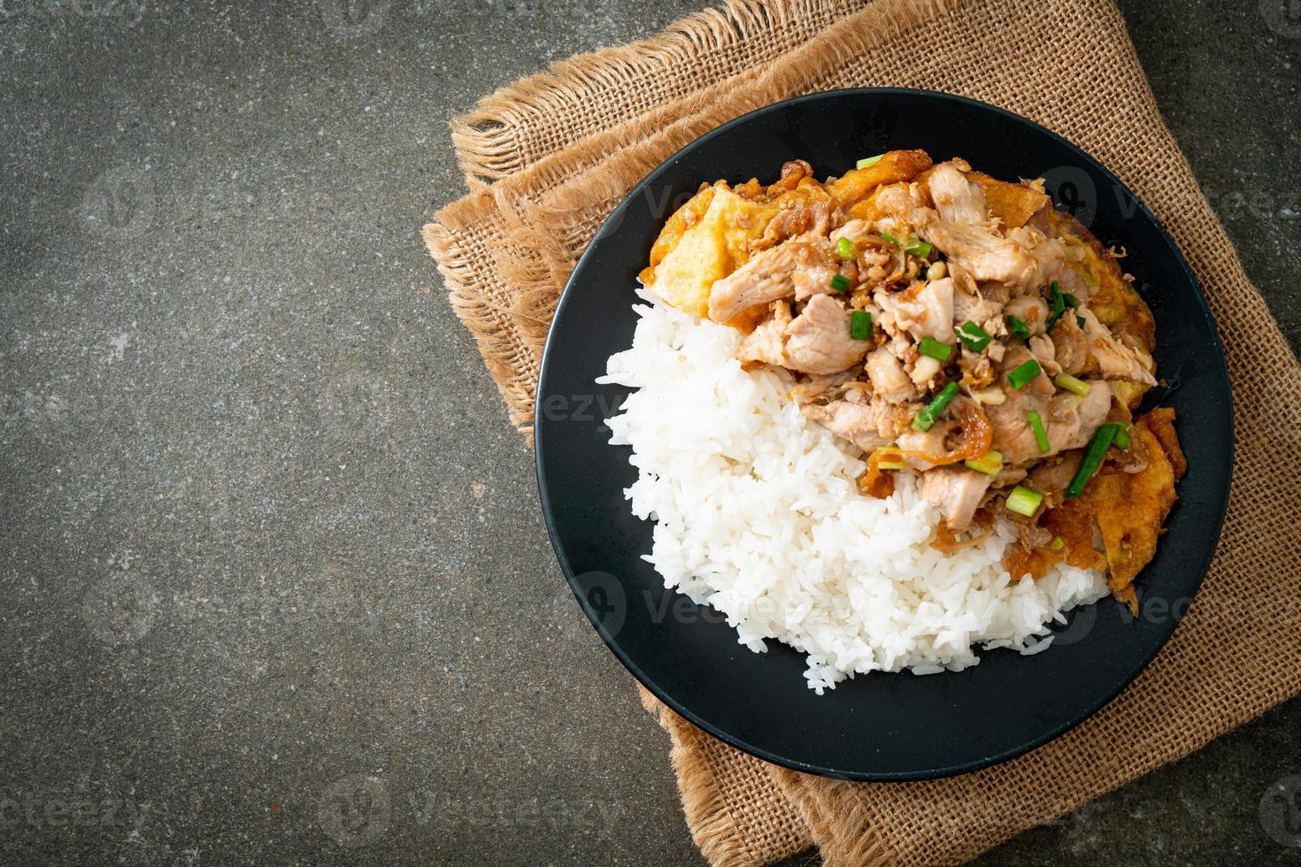 stir-fried pork with garlic and egg topped on rice photo