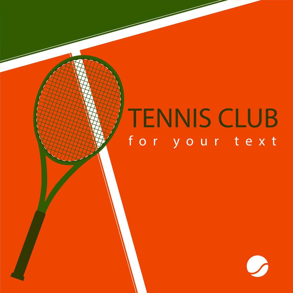 Bright vector illustration with place for text. Green tennis racket on a red and green color playground.