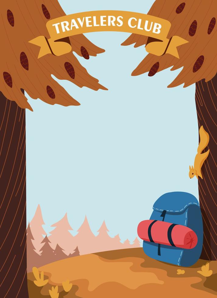 Two orange trees with cones frame the illustration, a squirrel came down to look at a hiking blue backpack with a sleeping bag. vector