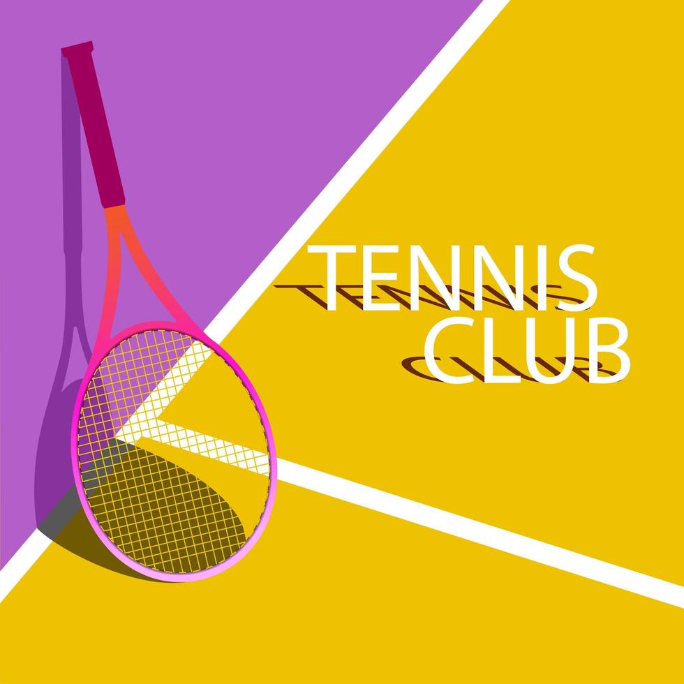 Bright vector illustration. Pink tennis racket on a yellow and purple color tennis court.