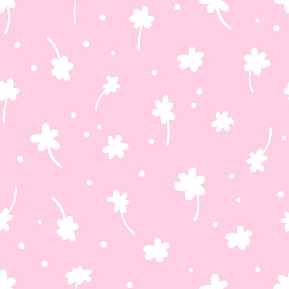dibujos animados de patrones sin fisuras florales. patrón vectorial de dibujo a mano de flores blancas sobre un fondo rosa. vector