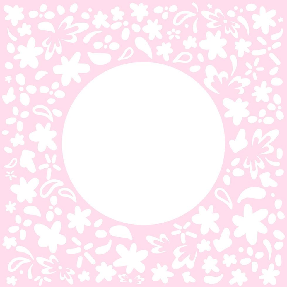 Floral frame white flowers on a pink background. Vector frame with round place for text.