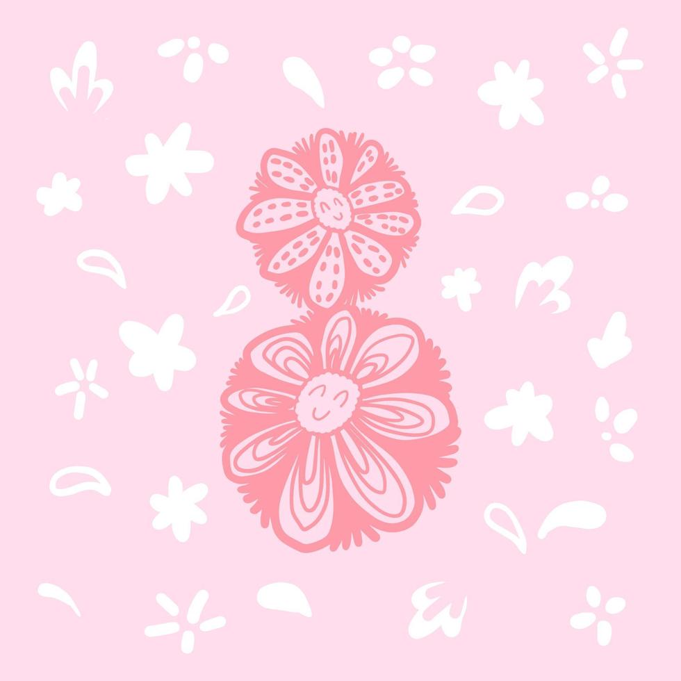 Doodle flores tarjeta de felicitación blanco sobre un fondo de color rosa. vector