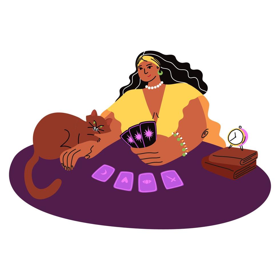 Cartoon pretty fortuneteller predicts the future, a brown cat lies near and cards are laid out on a table. Fortune Teller holds cards in her hands, she is wearing jewelry. vector