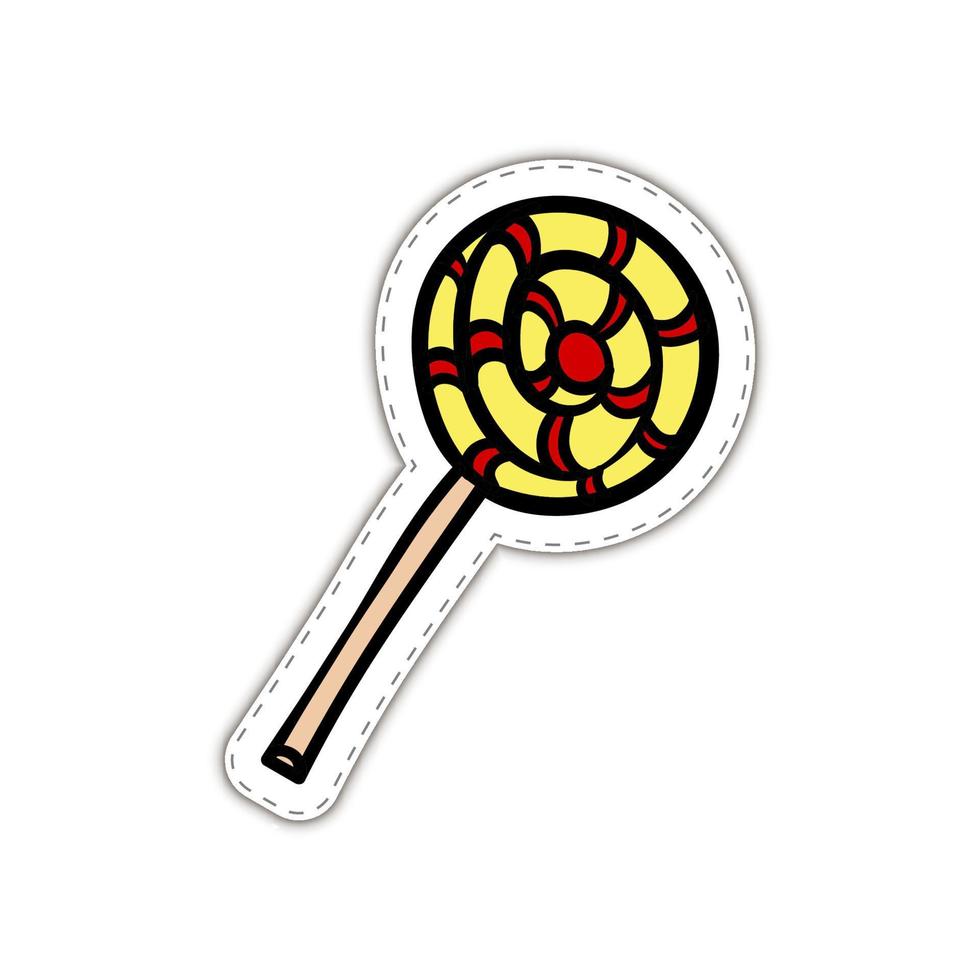 Cute sweet lollipop with a black outline on a white background. Vector lollipop striped yellow and red isolate.