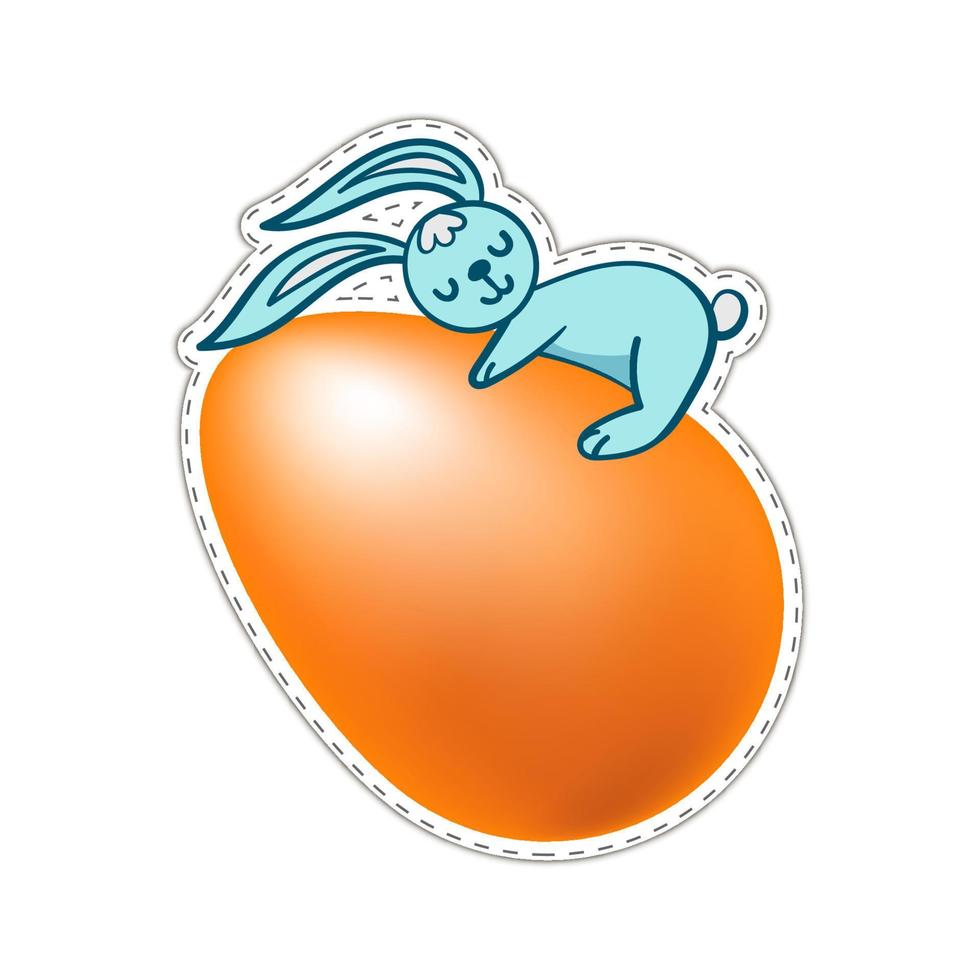 Easter blue bunny with an orange egg on a white background. Isolate clip art sticker rabbit hugs an egg. vector