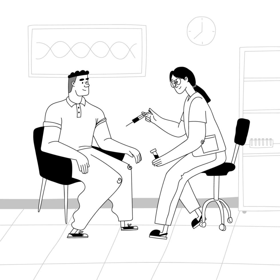 Vaccination concept. A nurse inoculates a man in a hospital. The doctor holds in his hand a syringe with a vaccine. Vector stock illustration black outline on a white background.