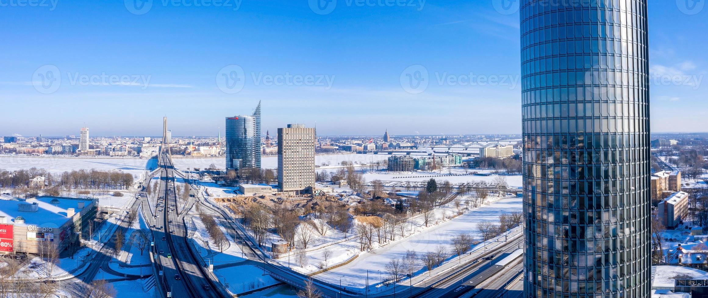 Riga, Latvia. February 10, 2020. Aerial view of the Z Towers in Riga, Latvia during cold sunny