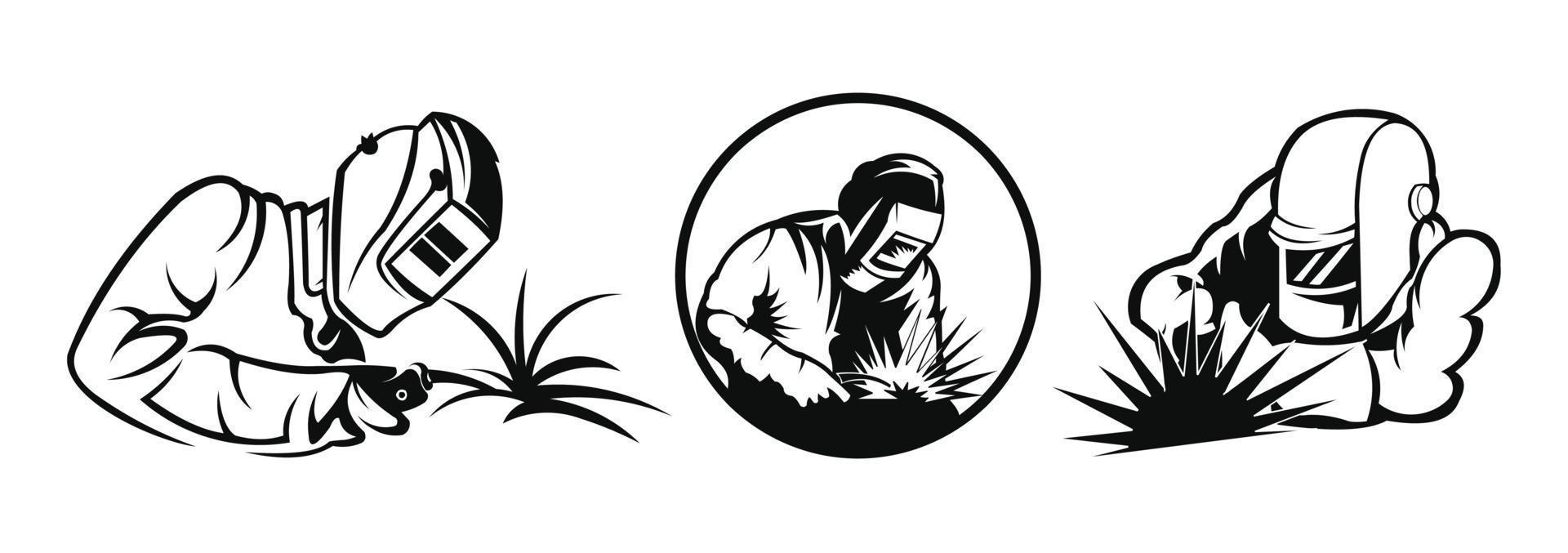 inspiration  Welder welds metal. Black and white illustration of a welder in work clothes. Linear art. Silhouette of a welder. vector