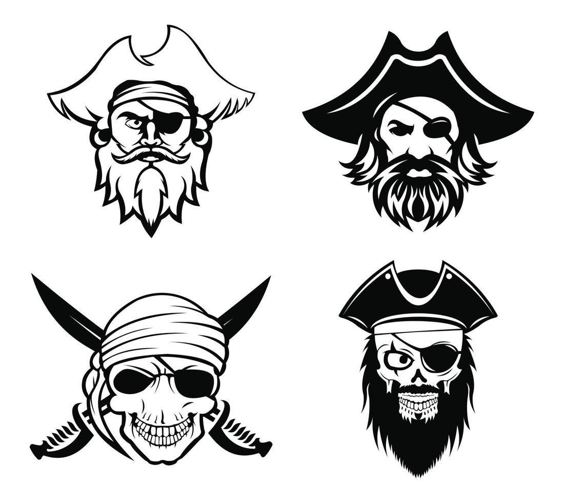capitán pirata y vector de cuchillo, humano con sombrero pirata y parche en el ojo. logotipo vintage, diseño de plantilla de tatuaje de cráneo.