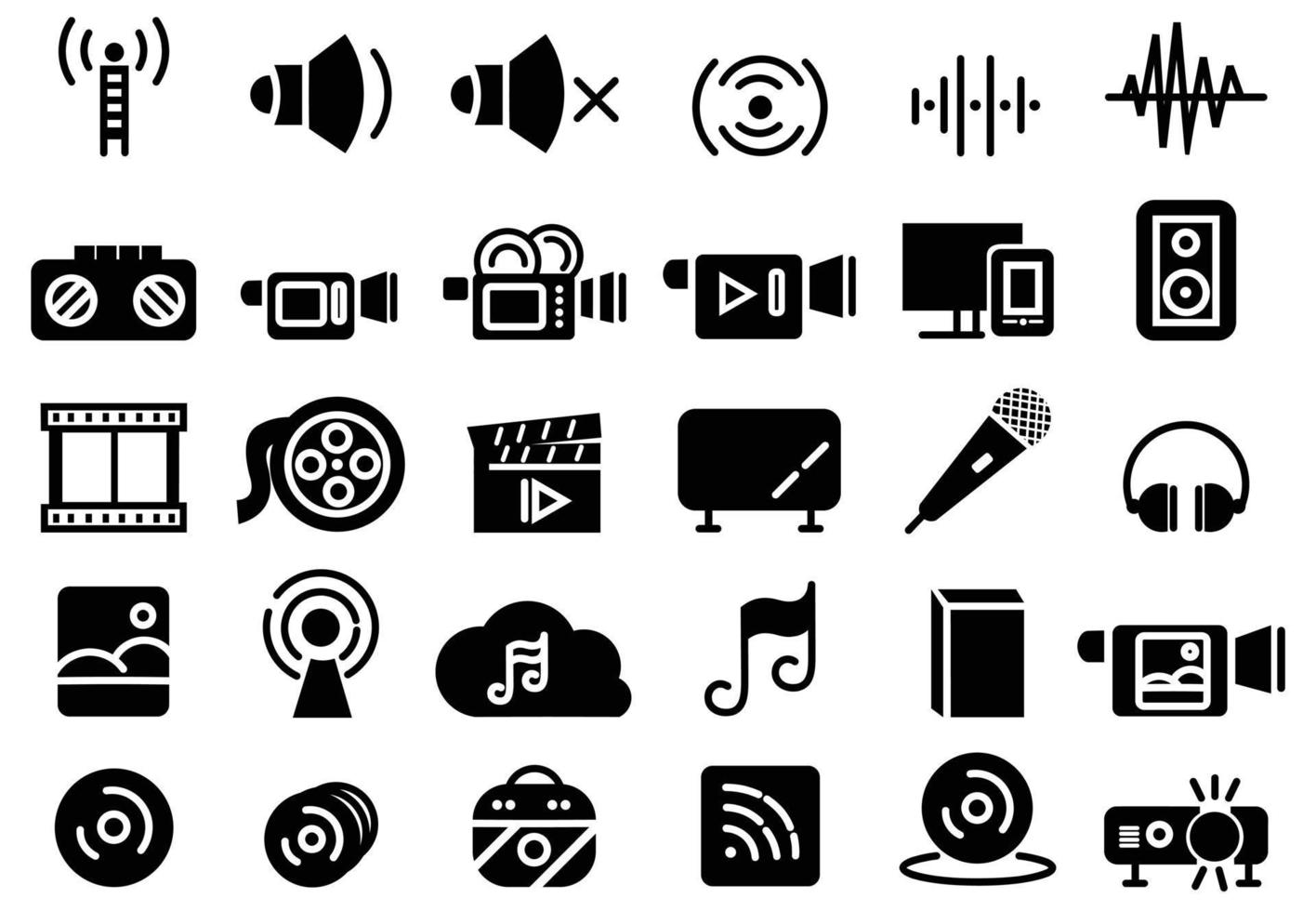 archivos de audio conjunto de iconos de línea de sonido sólido, colección de símbolos de música y equipos musicales vector