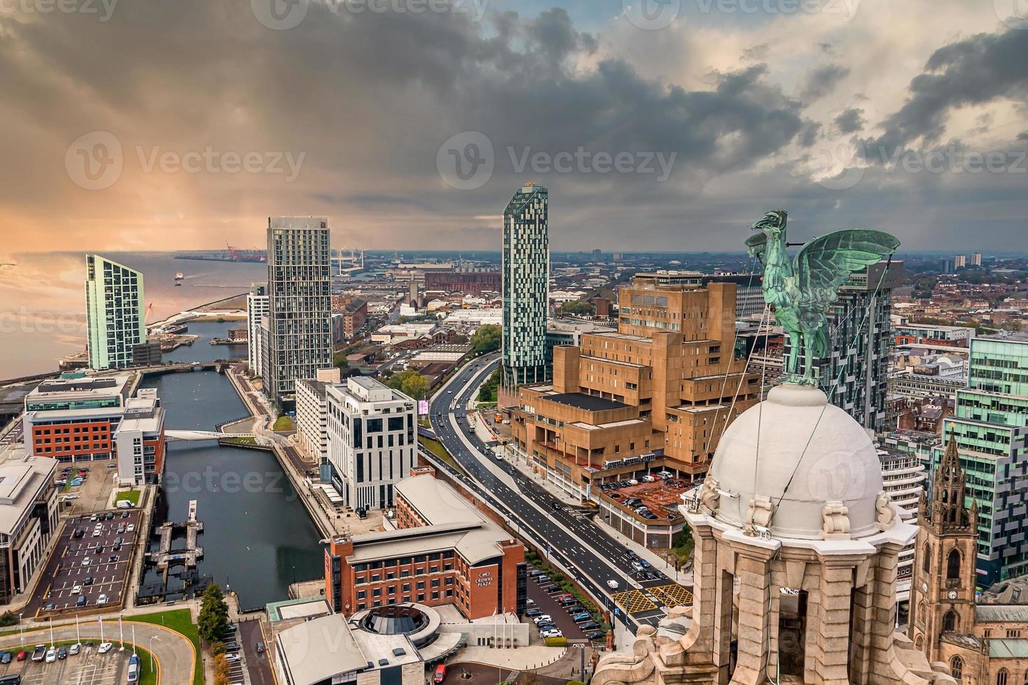 Aerial view of the Liver birds statue taken in the sunrise photo