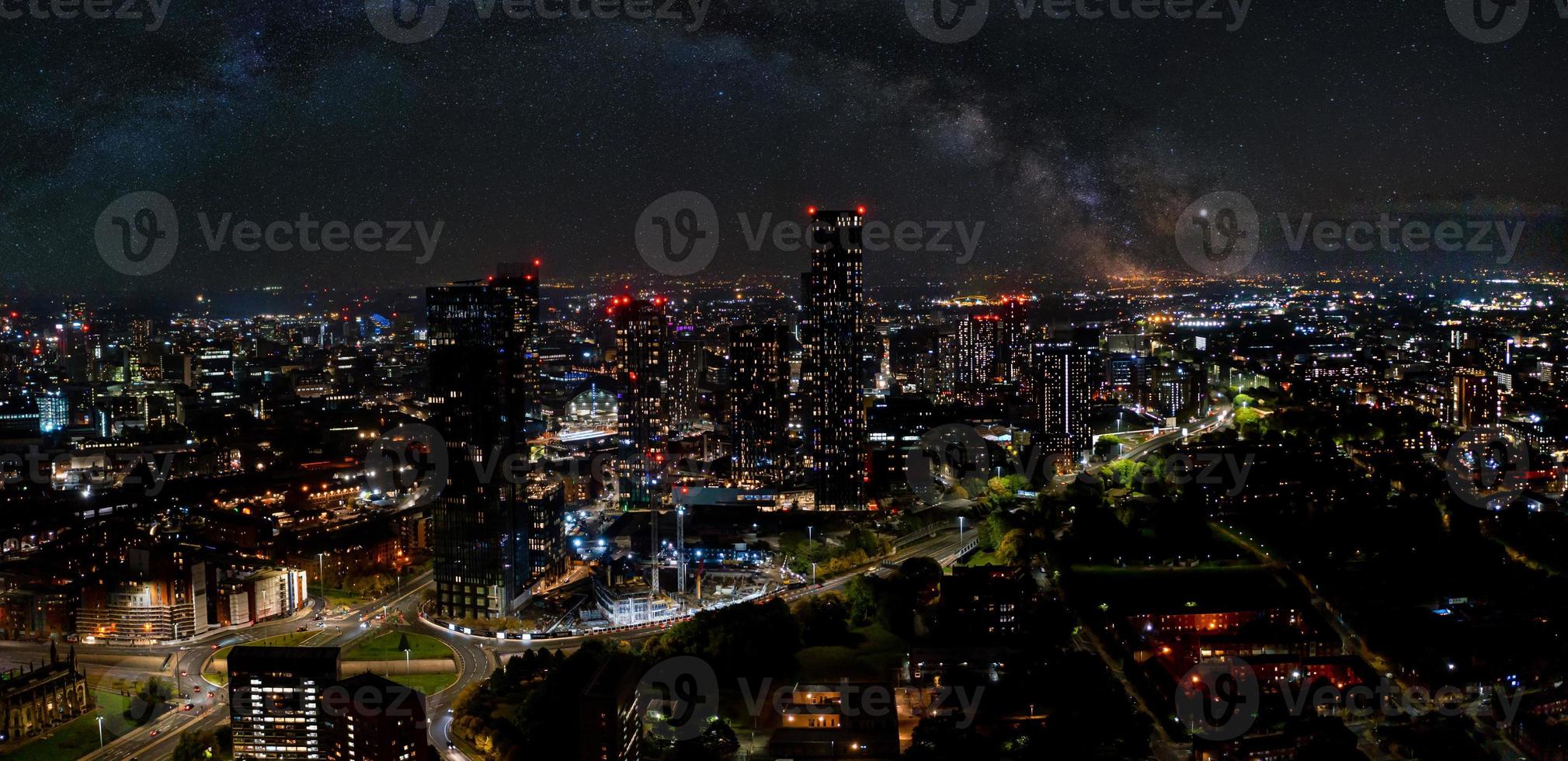 Aerial shot of Manchester, UK at night. photo