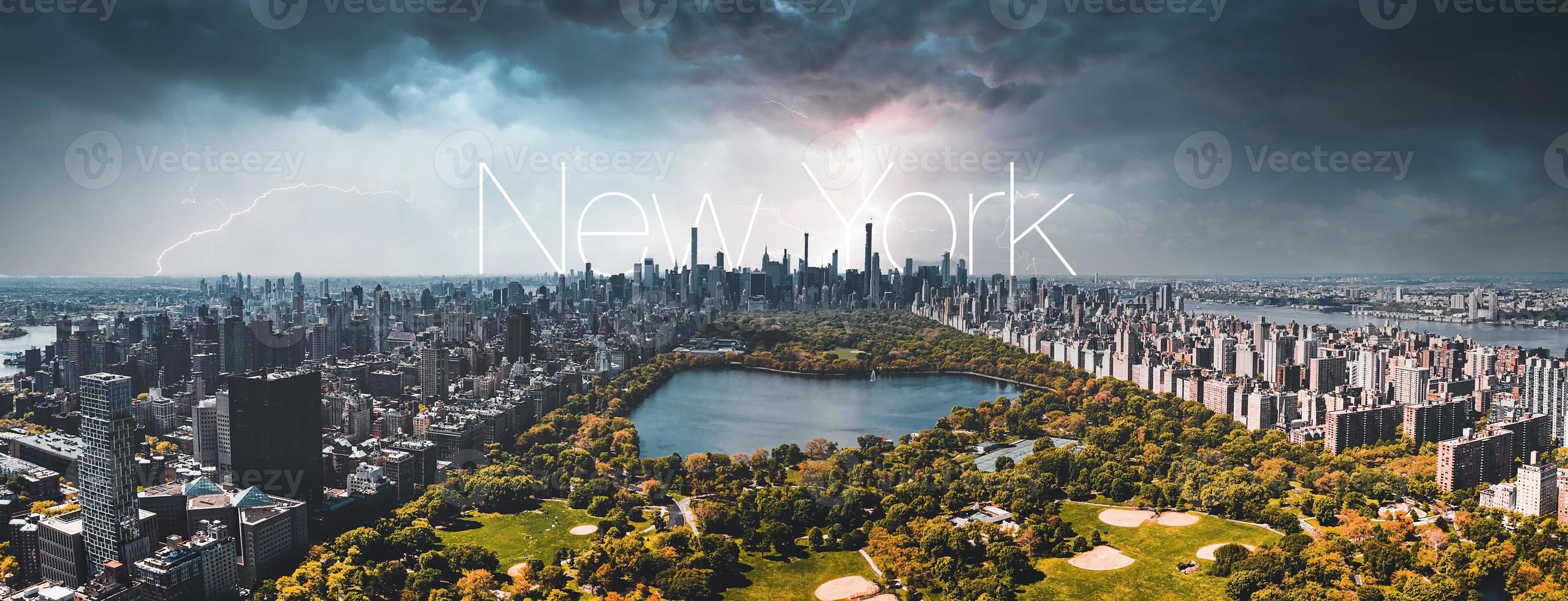 Central Park aerial view in Manhattan, New York. huge beautiful park is surrounded by skyscraper photo