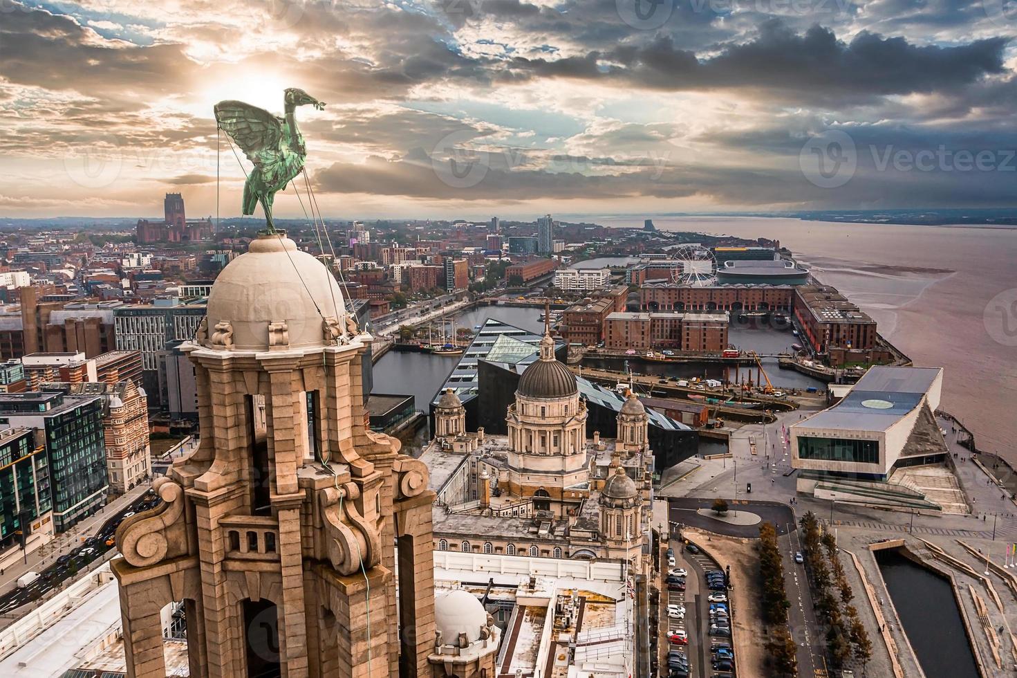 Aerial close up of the tower of the Royal Liver Building in Liverpool photo