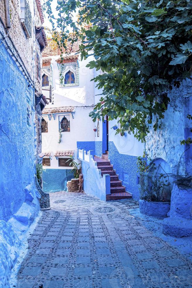 The famous blue colored house with traditional structure on both side of narrow alley photo