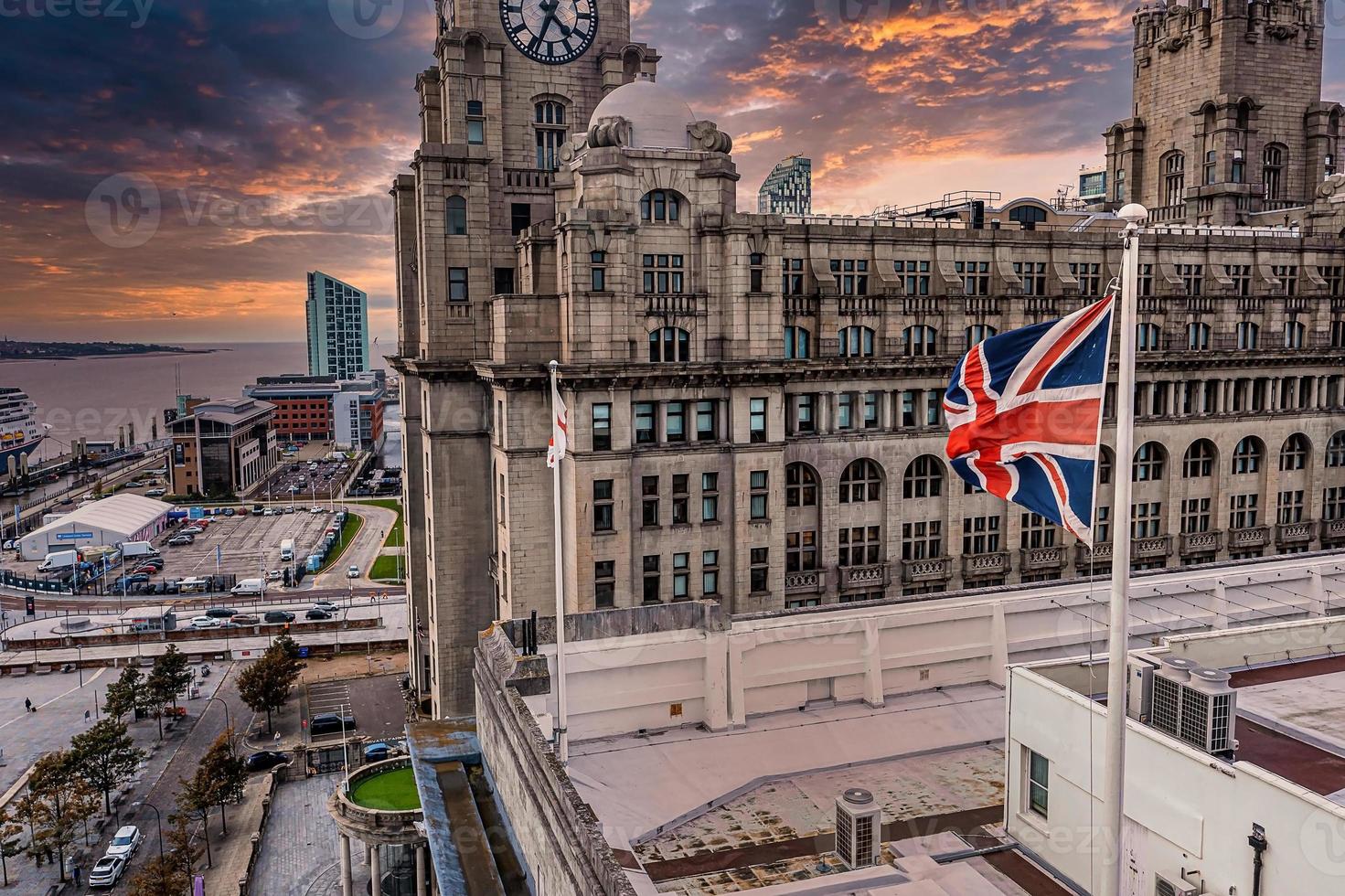 British UK flag on top of the building in Liverpool, UK. photo