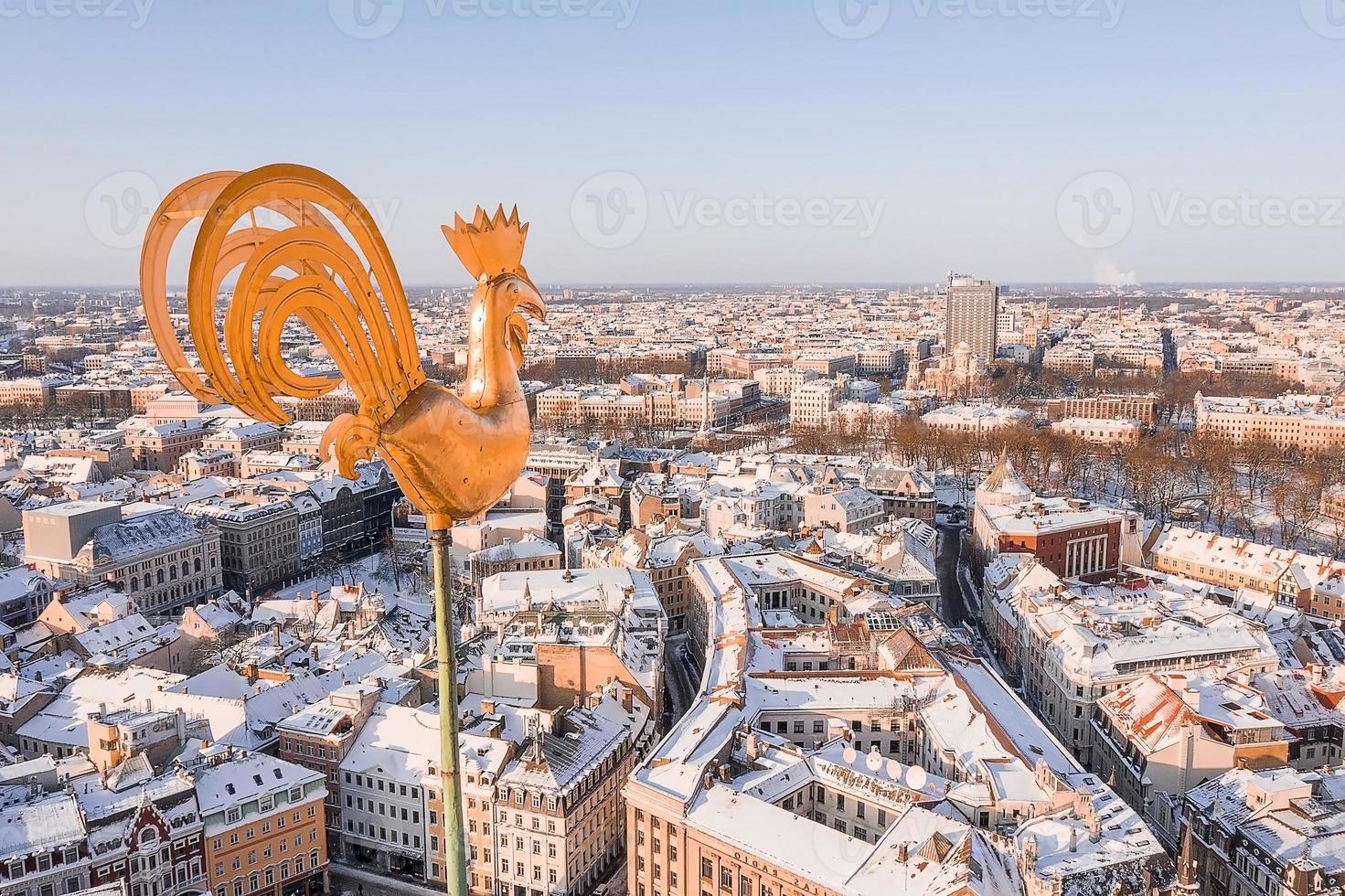 Aerial panorama view of Riga old town during beautiful winter day in Latvia. Freezing temperature in Latvia. White Riga. photo