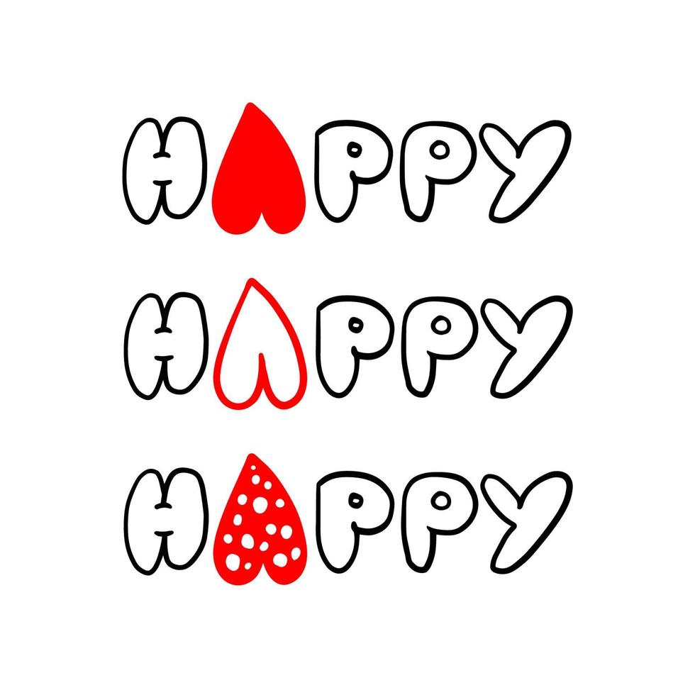 Cute one lettering happy set. Happy isolate with red heart instead of letter A. vector