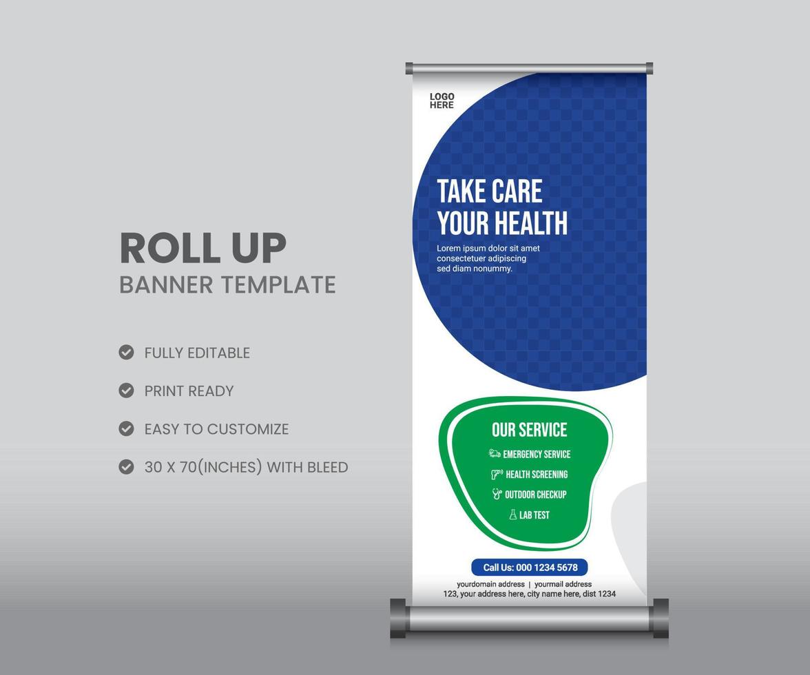 Health care medical roll up banner template or stand banner template vector